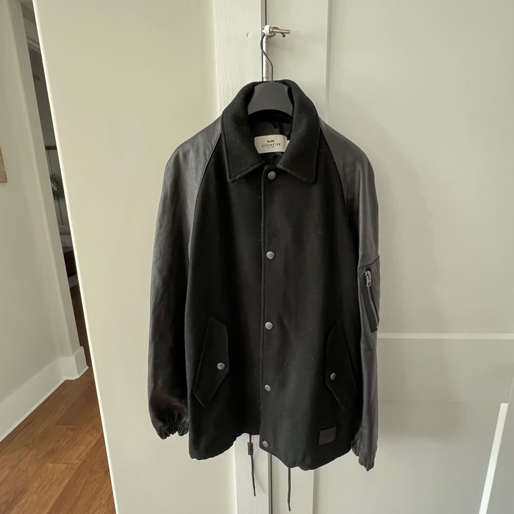 Coach stadium style jacket with leather sleeves